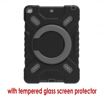 iPad 7-9 heavy duty case with ring style stand & glass protector