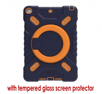 iPad 7-9 heavy duty case with ring style stand & glass protector